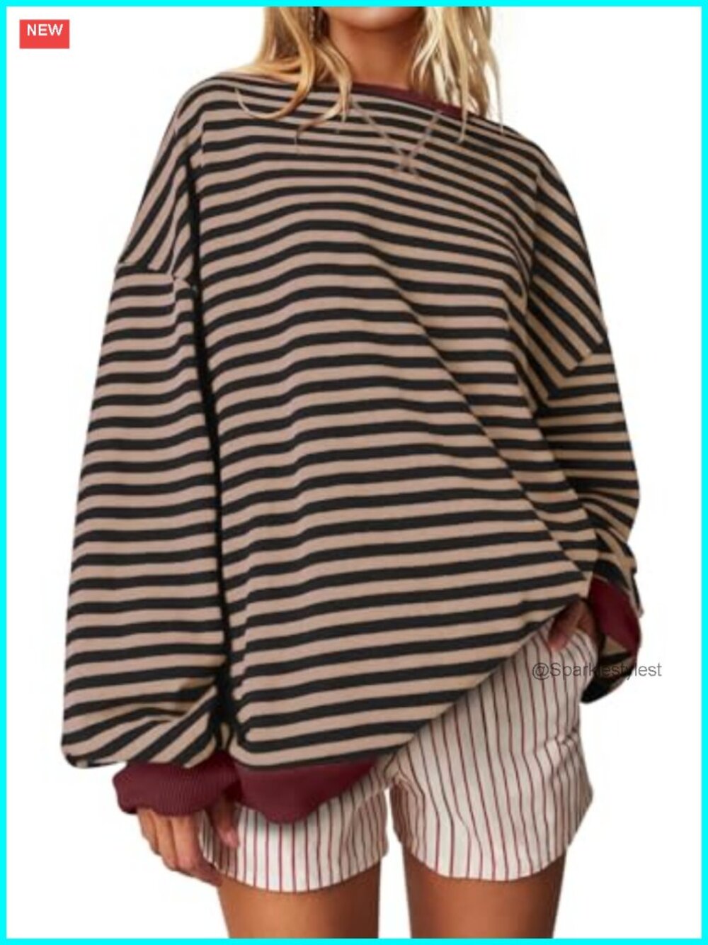Oversized Striped Crewneck Sweatshirt Drop Shoulder Batwing Sleeve Casual
